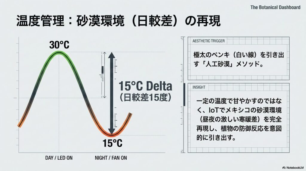 日中30度、夜間15度という昼夜の温度差(15度)を人工的に再現した砂漠環境の波形グラフ