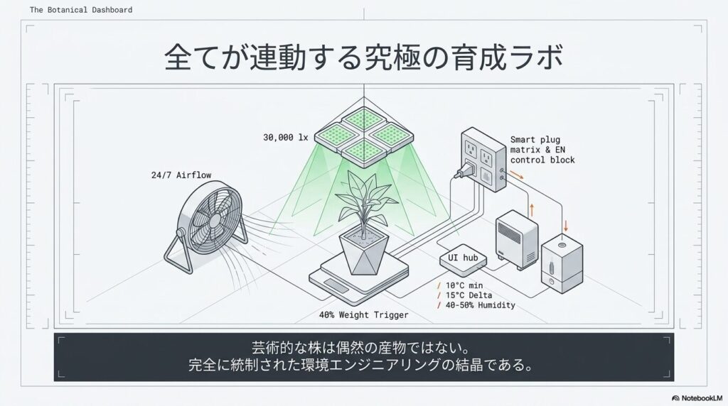 サーキュレーター、育成LED、スマートプラグ、加湿器などを連動させたアガベ育成ラボのシステム構成図