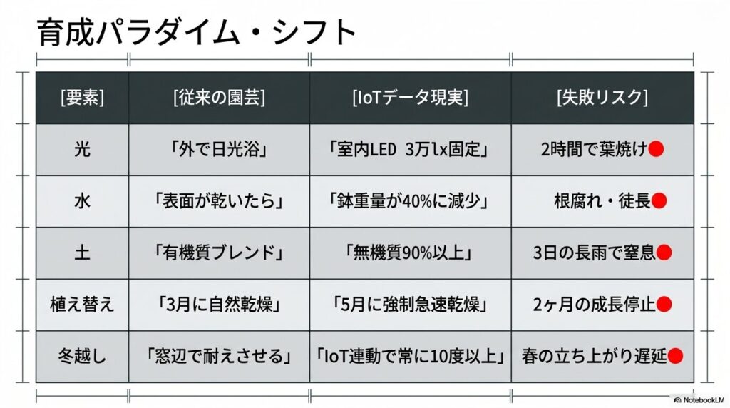 光・水・土・植え替え・冬越しの各要素における「従来の園芸」と「IoTデータ現実」の比較表