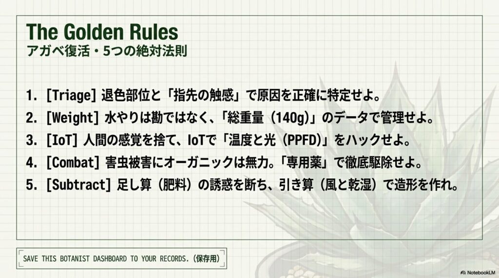 アガベ復活のための5つの絶対法則をまとめたボタニカルダッシュボード