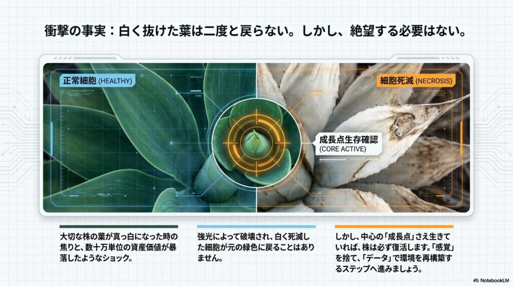 正常な緑色のアガベと、白く細胞死滅したアガベの比較。中心の成長点が生きていれば復活可能であることを示している図