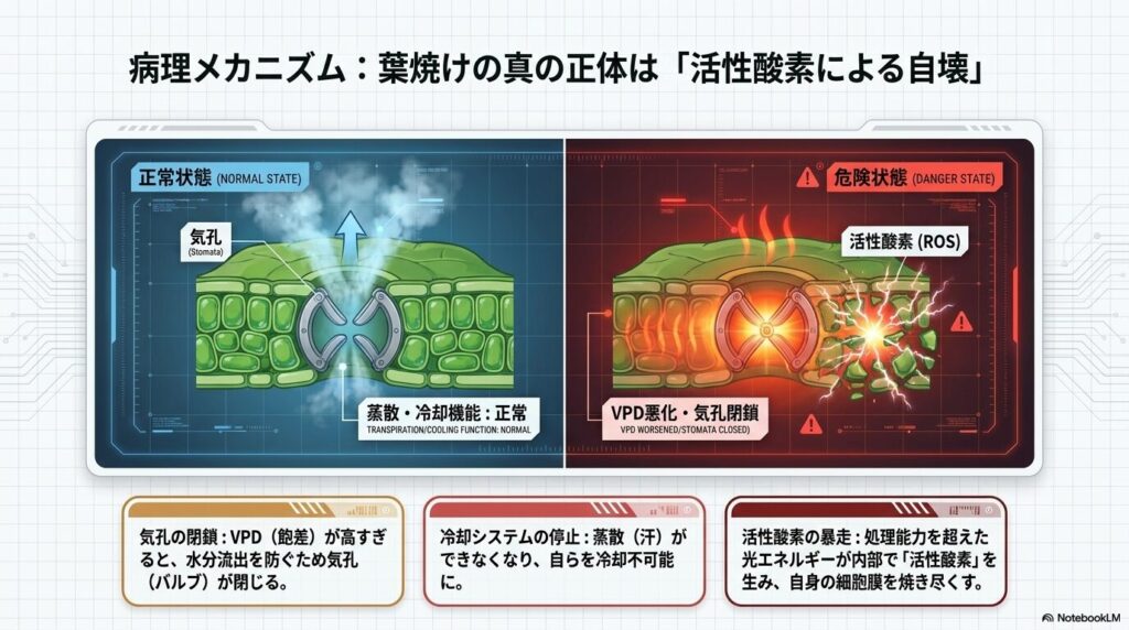 葉焼けの病理メカニズム図解。VPD悪化による気孔閉鎖から、活性酸素が細胞膜を破壊する様子