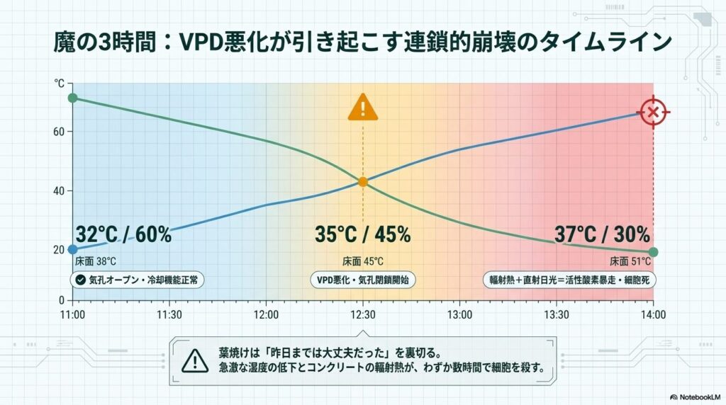 11時から14時にかけての気温、湿度、ベランダ床面温度の推移と、気孔閉鎖から細胞死に至る連鎖的崩壊を示すグラフ