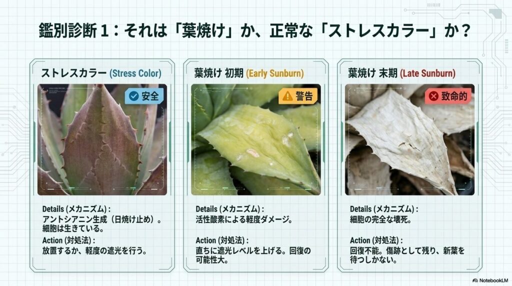 安全なストレスカラー（赤紫色）、警告レベルの初期の葉焼け（黄色）、致命的な末期の葉焼け（白色）の比較写真
