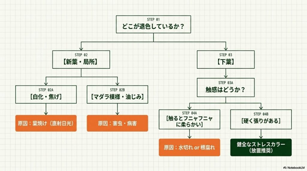 アガベの退色部位や触感から原因を特定する診断フローチャート図