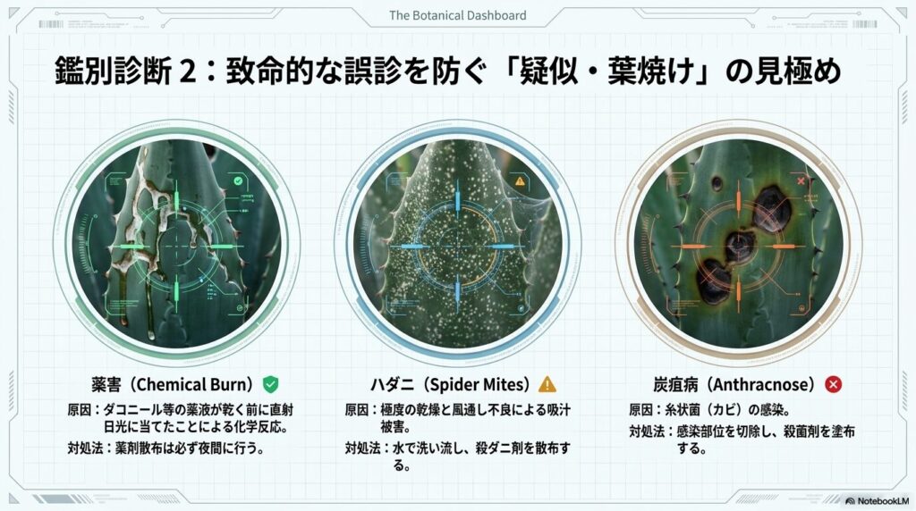 薬害（白や茶色のケロイド状）、ハダニ被害（細かい白い斑点）、炭疽病（黒褐色の陥没した病斑）の症状を示す画像