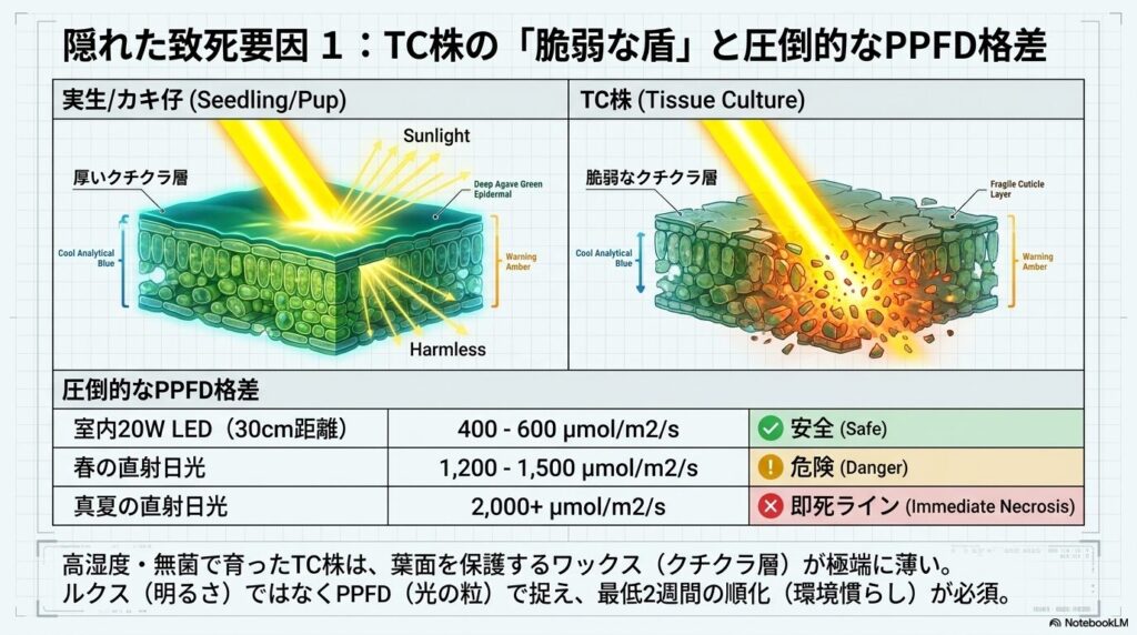 クチクラ層が厚い実生株と薄いTC株の比較図、および室内LEDと太陽光の圧倒的なPPFD（光量子束密度）の格差を示す表