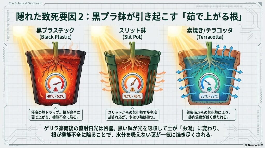黒プラスチック鉢（48から52度）、スリット鉢（42から45度）、テラコッタ鉢（35から38度）の直射日光下における鉢内温度の違いを示す図解