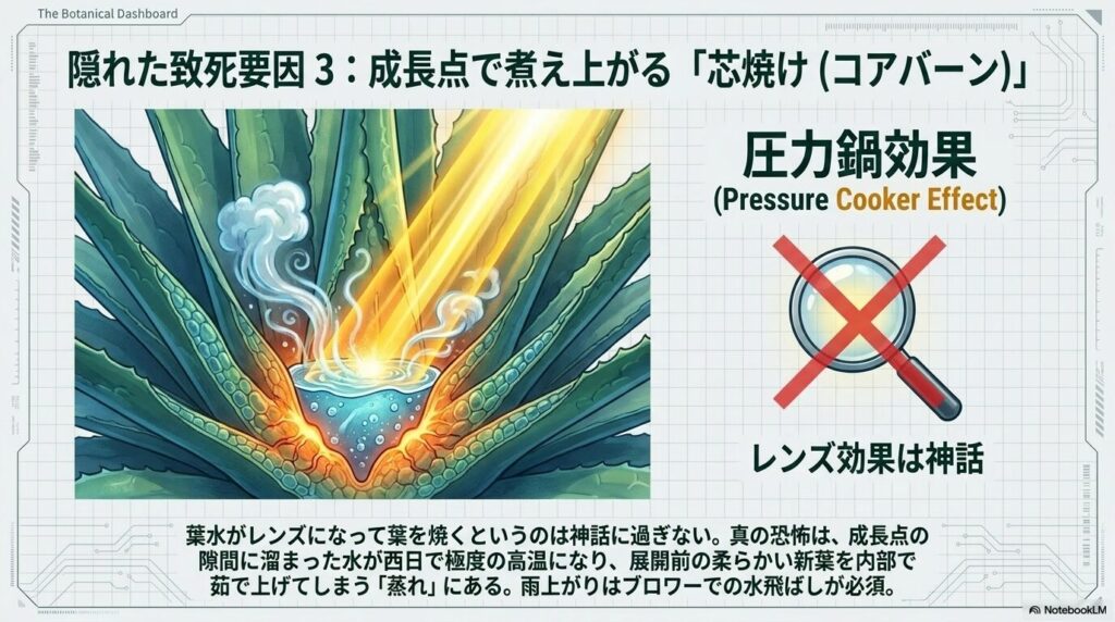 成長点に溜まった水が直射日光で煮え上がる「芯焼け（コアバーン）」の図解と、葉水によるレンズ効果を否定するアイコン