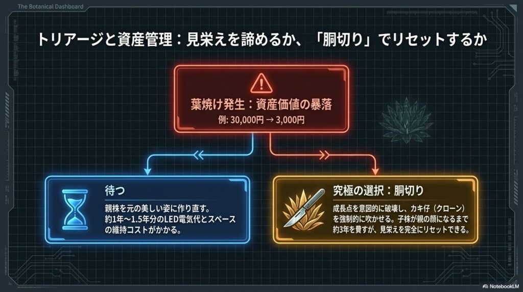葉焼けによって資産価値が暴落した際、親株を作り直すために「待つ」か、強制的に子株を吹かせる「胴切り」をするかの選択を示すフローチャート