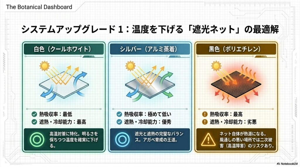 白色、シルバー、黒色の遮光ネットの熱吸収率と冷却能力を比較する図解。白色とシルバーを推奨し、黒色に警告を出している