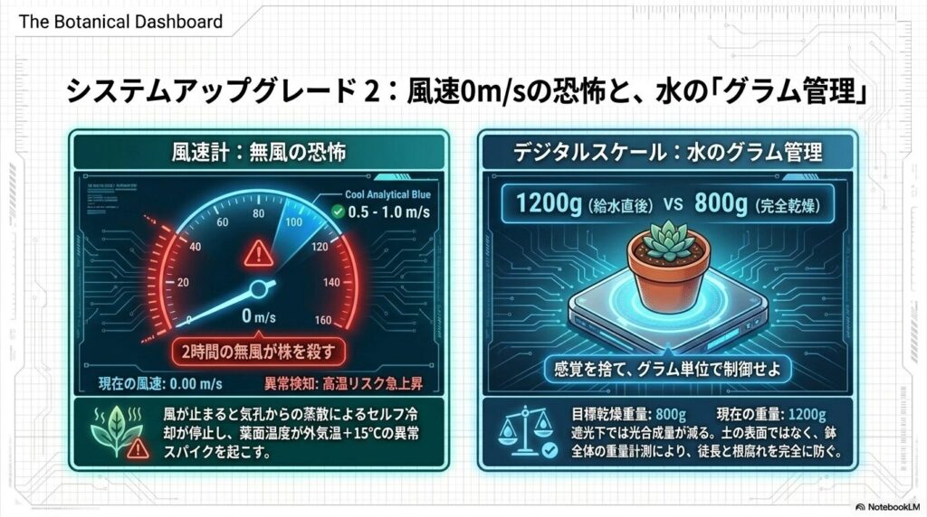 無風（0m/s）の危険性を示す風速計と、水やり前後の重量（1200g対800g）を測るデジタルスケールの図解