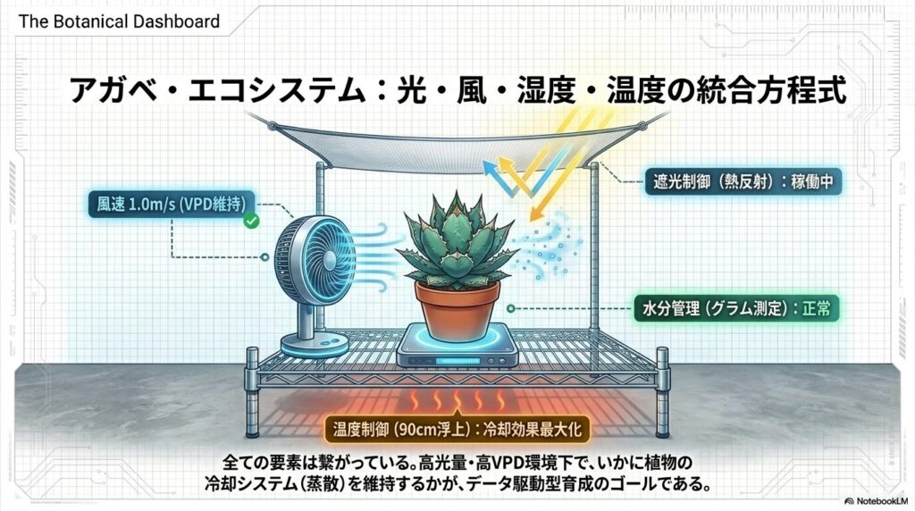 遮光ネット、サーキュレーター、デジタルスケール、そして高低差をつけるラックを組み合わせた理想的な育成環境の図解