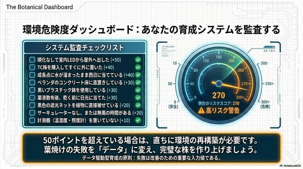 育成システムの危険度をチェックする10項目のリストと、現在のリスクスコアが「270」の危険水域にあることを示すメーター