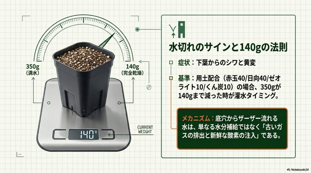 プレステラ90の鉢を満水時350gから完全乾燥時140gまでキッチンスケールで計量する図