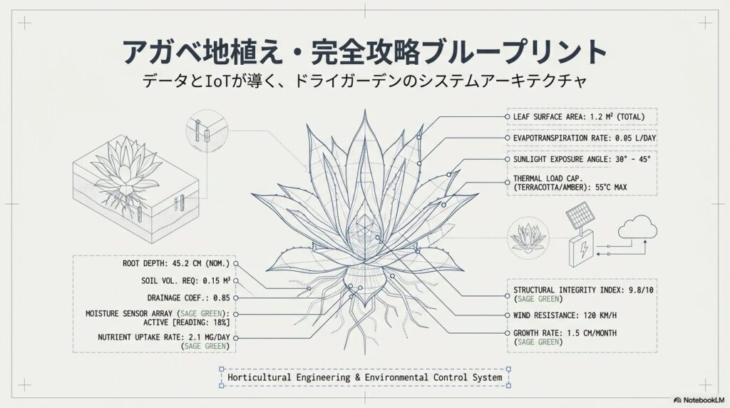 アガベ地植え・完全攻略ブループリントのタイトル画像。データとIoTが導くドライガーデンのシステムアーキテクチャ。