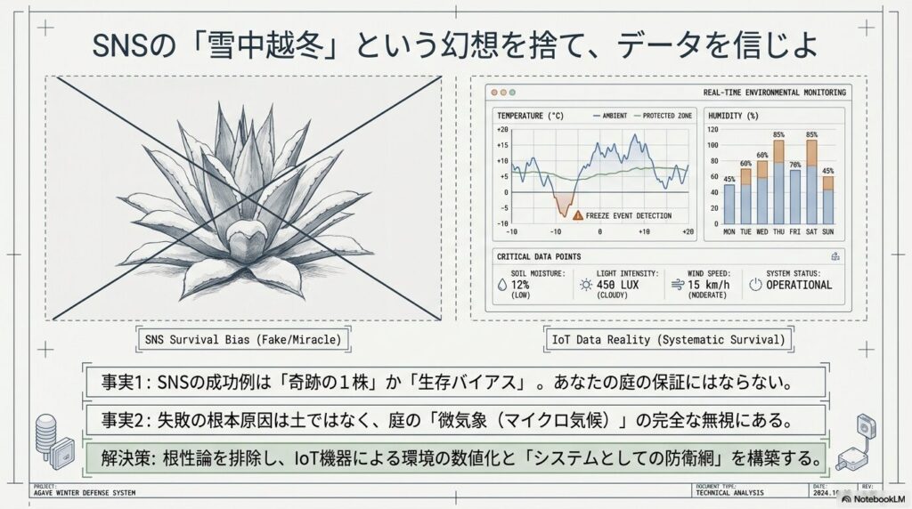 SNSの生存バイアスとIoTによる環境数値化の比較図。