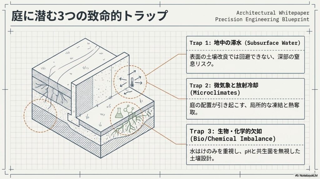 庭に潜む3つの致命的トラップ。地中の滞水、微気象と放射冷却、生物・化学的欠如の解説。