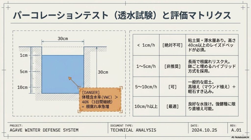パーコレーションテスト（透水試験）の図解と評価マトリクス。