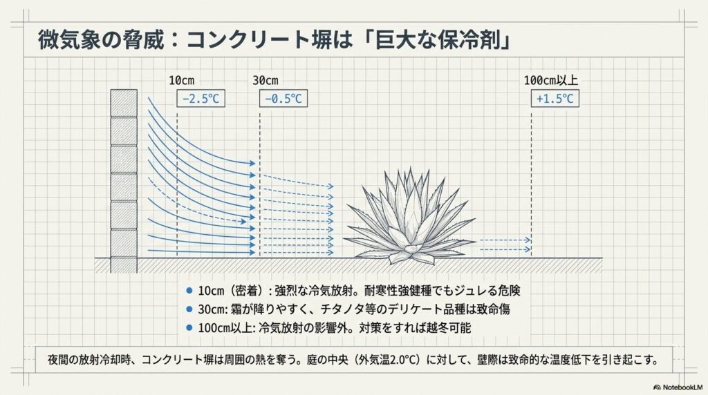 夜間の放射冷却によるコンクリート塀の温度低下を示す微気象の図解。