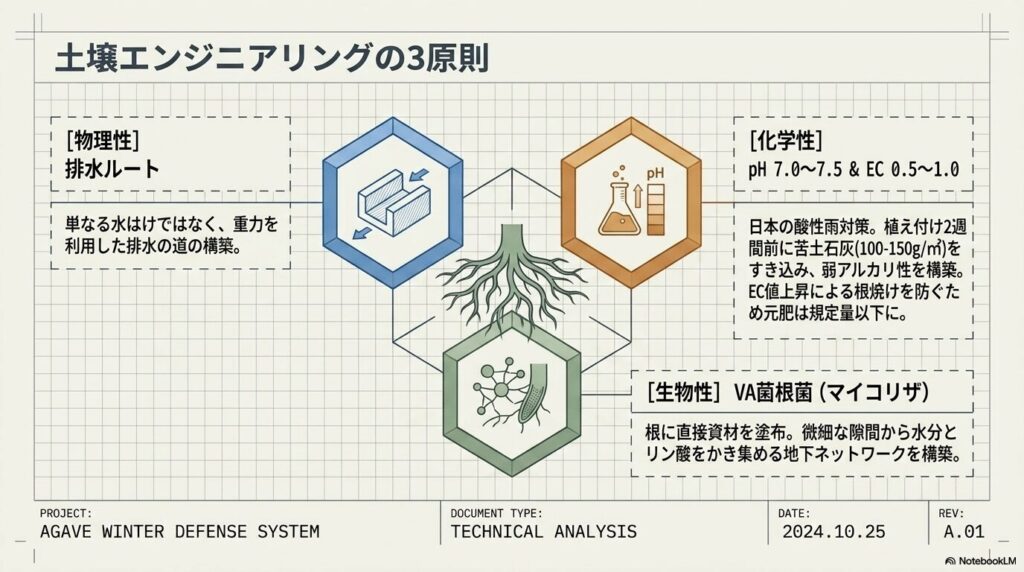 土壌エンジニアリングの3原則。物理性、化学性、生物性の図解。