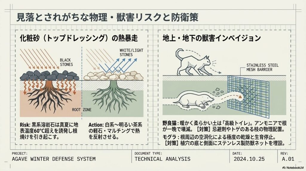 化粧砂の熱暴走リスクと、野良猫やモグラによる獣害リスクの防衛策図解。
