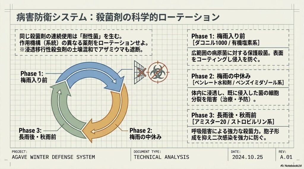 ダコニル、ベンレート、アミスターを用いた殺菌剤の科学的ローテーション図解。