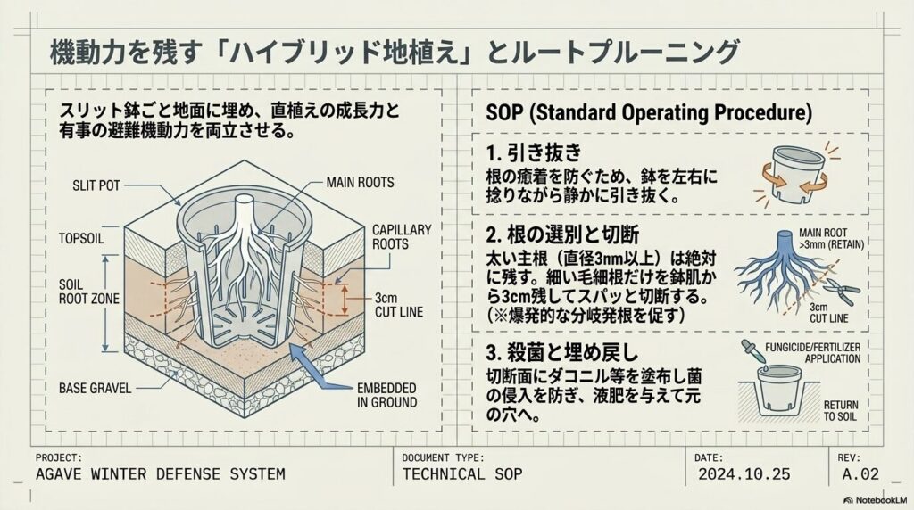 スリット鉢ごと地面に埋めるハイブリッド地植えと、毛細根のみを切断するルートプルーニングの図解。