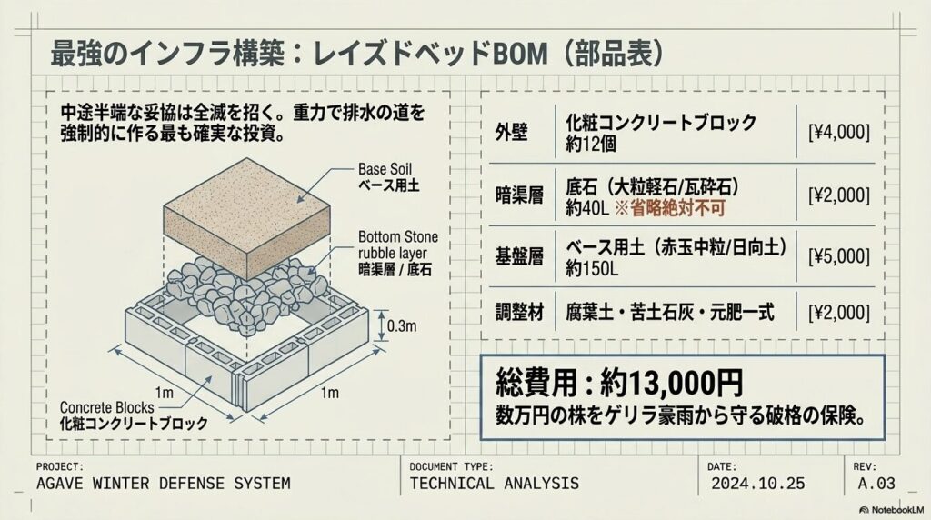 化粧コンクリートブロックと底石を用いたレイズドベッドの部品表（BOM）と構造図解。