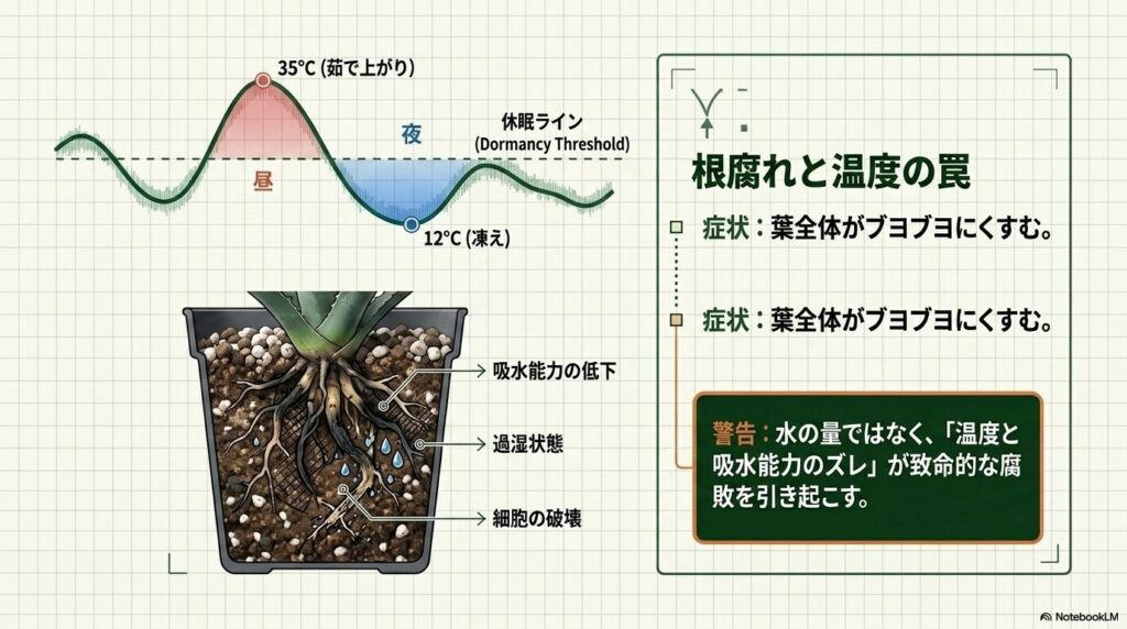 昼35度から夜12度までの激しい温度差とアガベの休眠ラインを示すグラフ