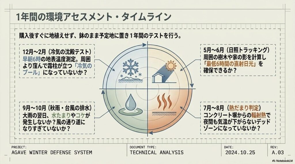 四季を通じた1年間の環境アセスメント・タイムライン。日照、熱だまり、排水、霜の発生テスト。