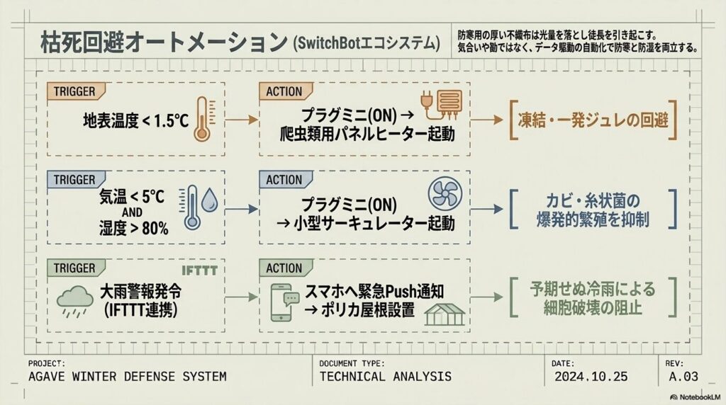 SwitchBotエコシステムを活用した枯死回避オートメーションのフローチャート。