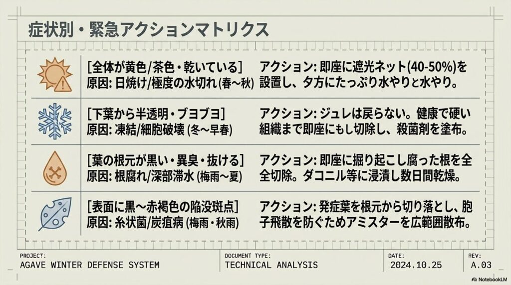 アガベの葉の症状別の原因と緊急アクションマトリクス。