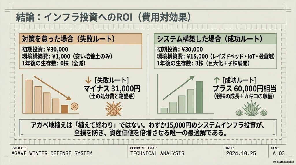 システム構築の有無によるインフラ投資への費用対効果の比較グラフ。