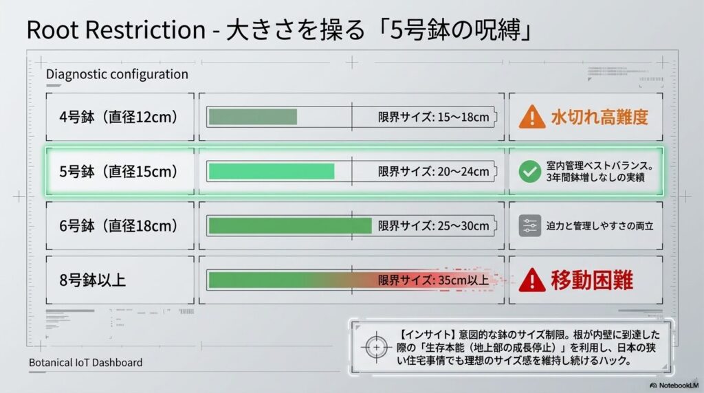 4号鉢から8号鉢以上までの鉢サイズとアガベモンタナの限界サイズを示す構成図