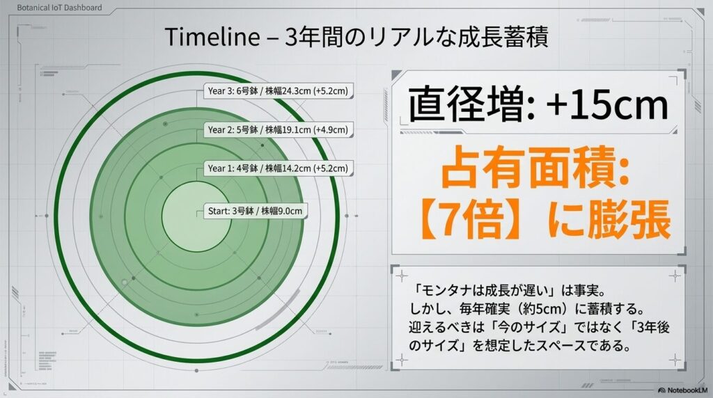 3号鉢から6号鉢への移行と、3年間で株幅9cmから24.3cmへと約7倍に膨張した面積を示す図