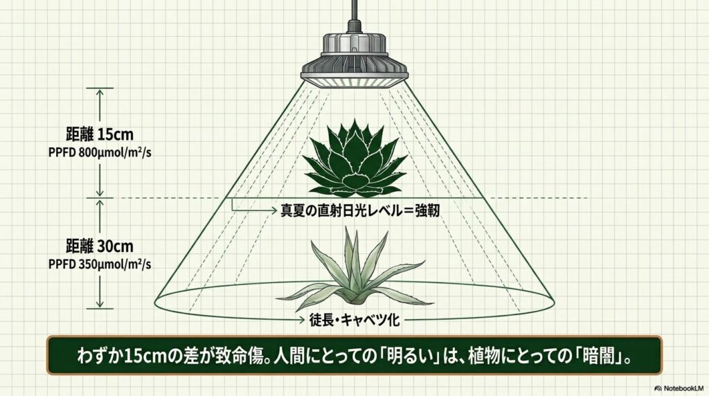 LED育成ライトの距離15cmと30cmによるアガベの徒長とPPFD値の比較図