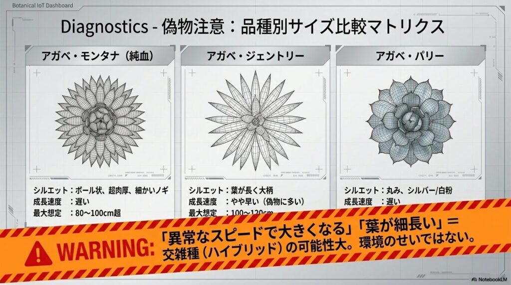 アガベ・モンタナ、ジェントリー、パリーのシルエットと成長速度を比較したマトリクス図