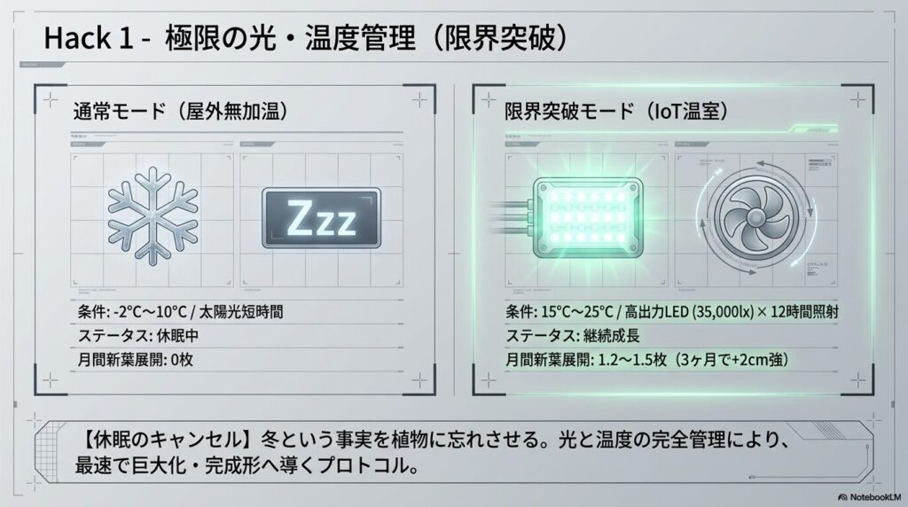 屋外無加温での休眠状態と、IoT温室でのLED照射による限界突破モードの比較図