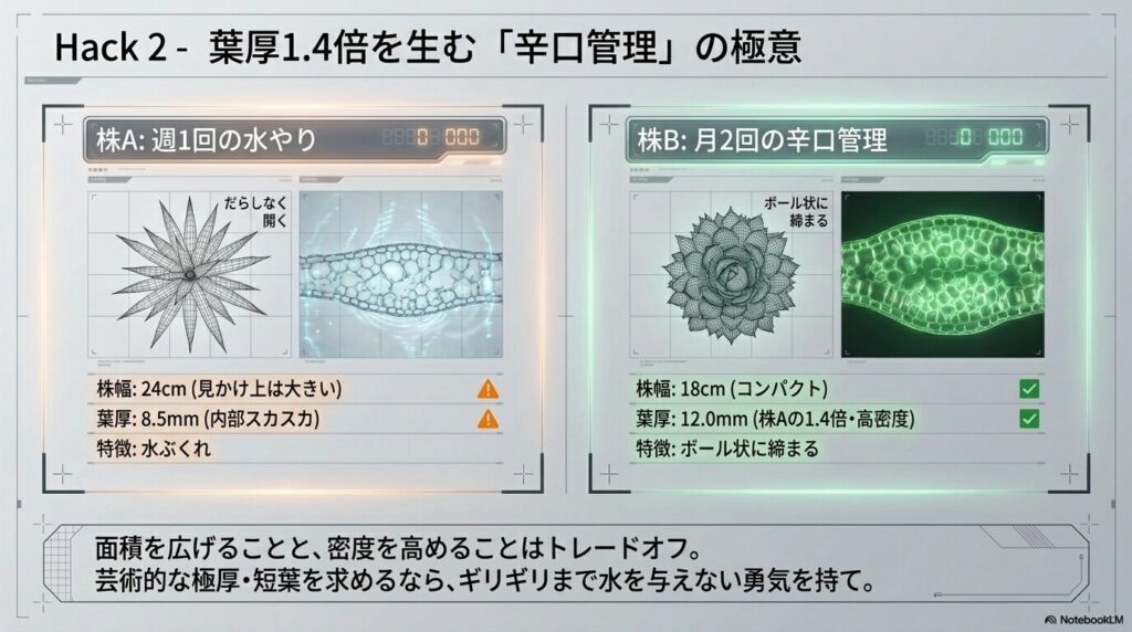 週1回の水やりで開いた株と、月2回の辛口管理で葉厚1.4倍に締まった株の細胞比較図