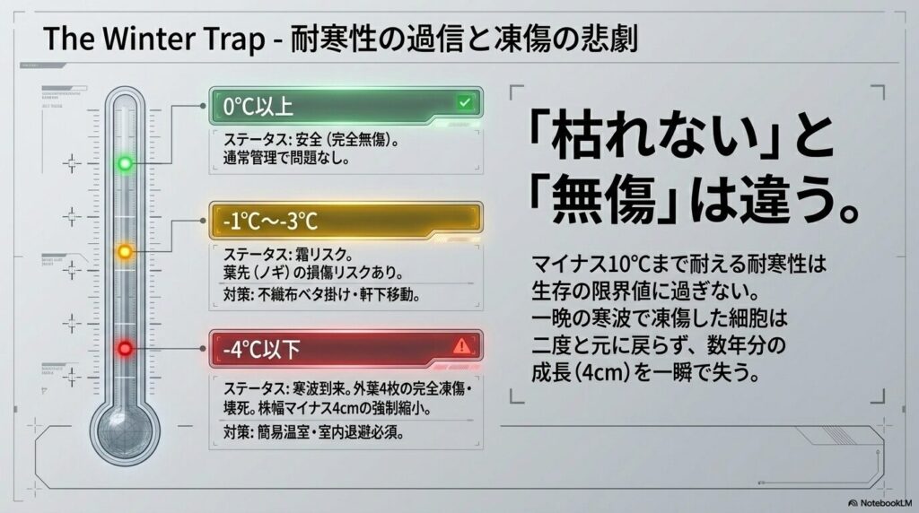 気温低下に伴う霜リスクとマイナス4度以下での完全凍傷・強制縮小の警告図