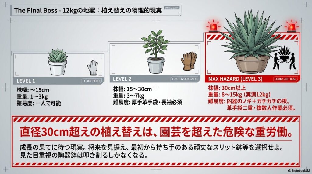 株幅30cmを超えて実測12kgとなったアガベの植え替えに伴う危険性と難易度を示す警告図