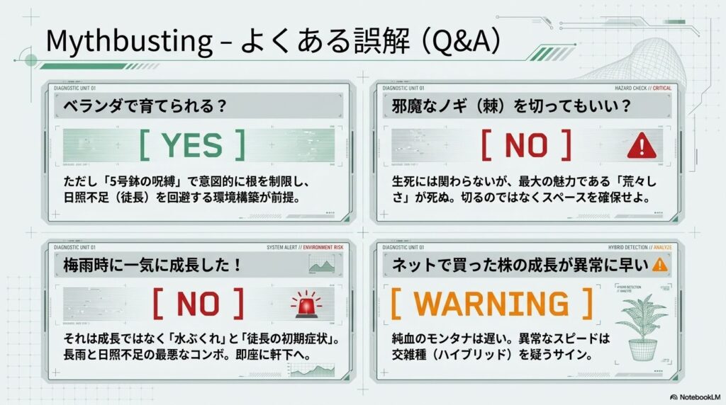 ベランダ管理、邪魔なノギの切断、梅雨時の成長、異常な成長スピードに関するアガベ育成のよくある誤解と回答