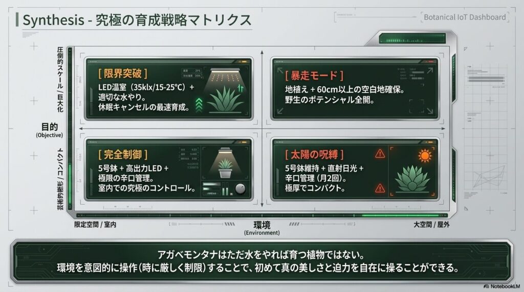 目的と環境に応じた4つのアガベ育成戦略マトリクス