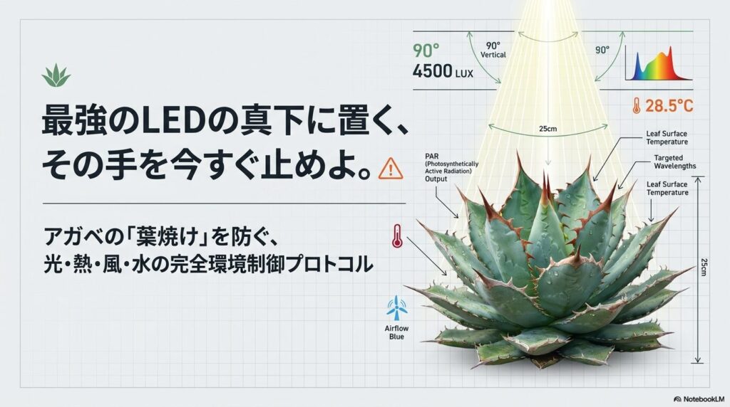アガベのLED葉焼けを防ぐ環境制御プロトコルの概念図