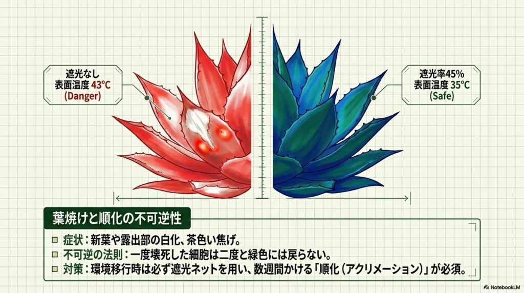 遮光なしで表面温度43度に達したアガベと遮光率45%で35度に保たれたアガベの比較図