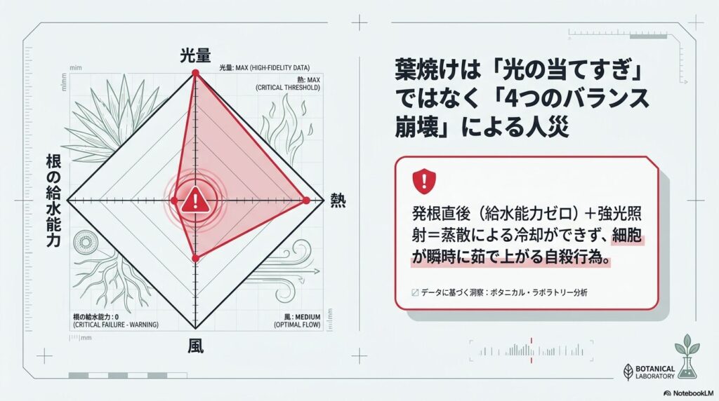 葉焼けを引き起こす4つのバランス崩壊を示すレーダーチャート