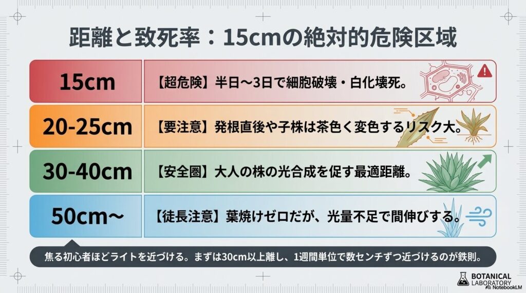 LEDライトとの距離による致死率と症状の解説図