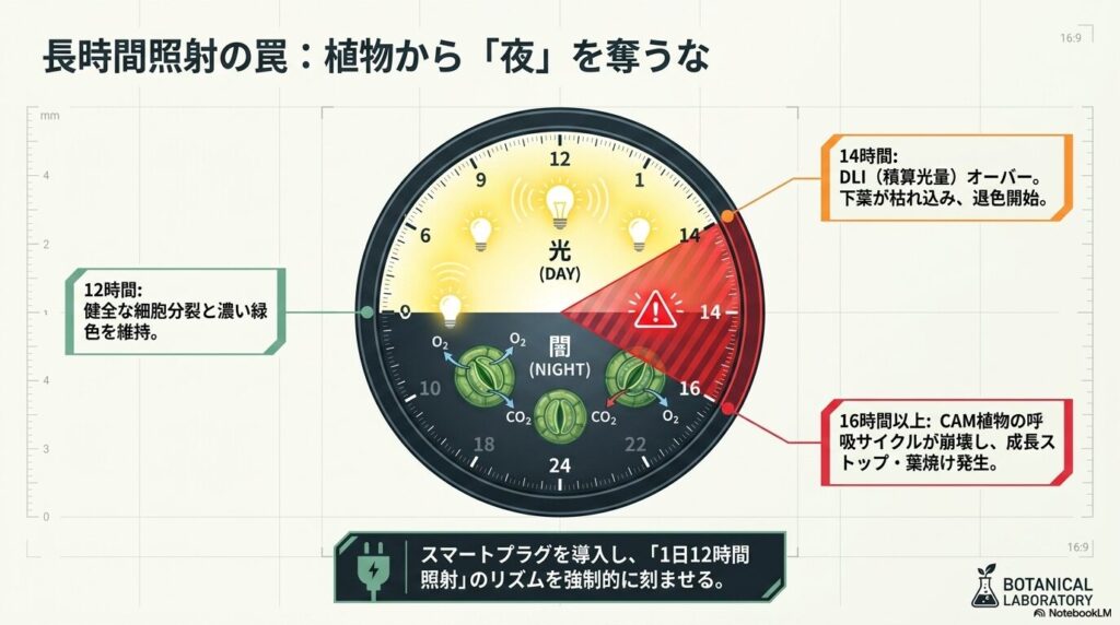 1日12時間照射と14時間以上の照射によるアガベのストレス反応の比較図