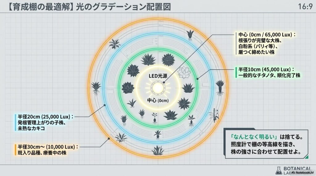 照度計を用いたLED光のグラデーション配置図